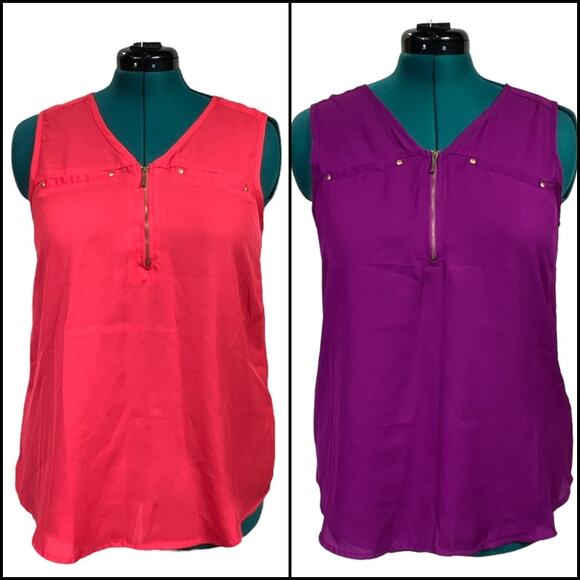 Mileage Partial Zip Up Sleeveless Chiffon Tank Top Bundle Size L Orange Purple - Picture 1 of 15